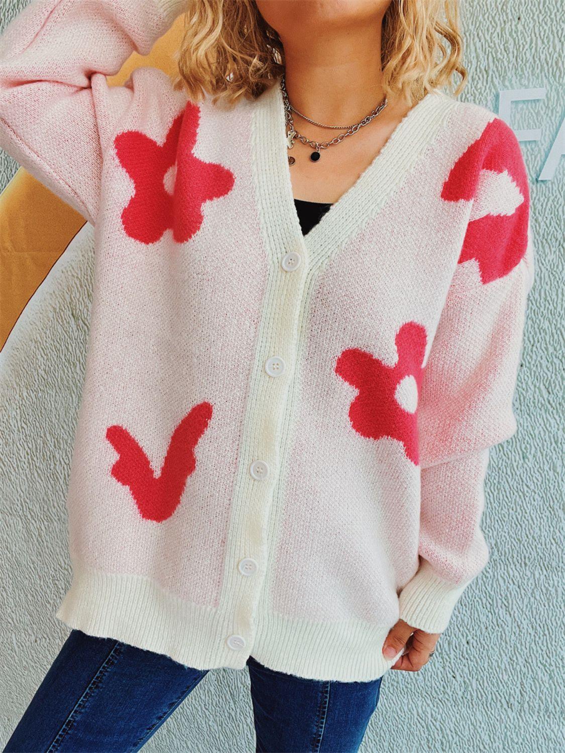 Flower Button Down V-Neck Long Sleeve Cardigan Carauana Store