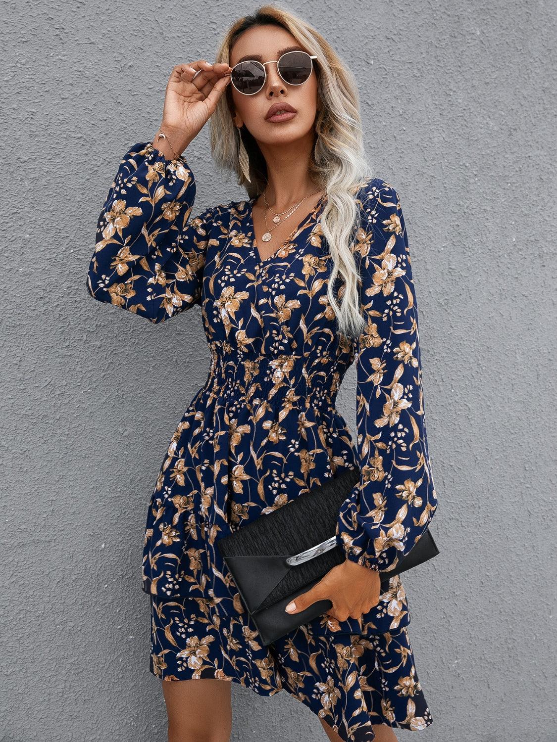 Floral Layered Surplice Balloon Sleeve Dress Carauana Store