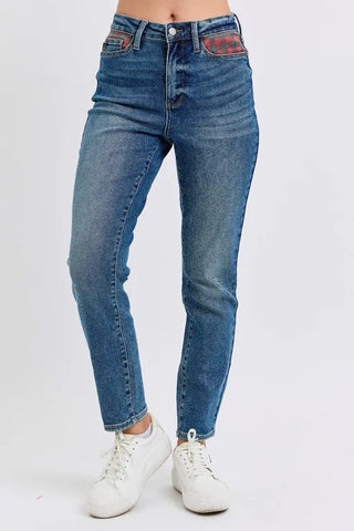 Judy Blue Full Size HW Plaid Patch Slim Fit Jeans Plus Size