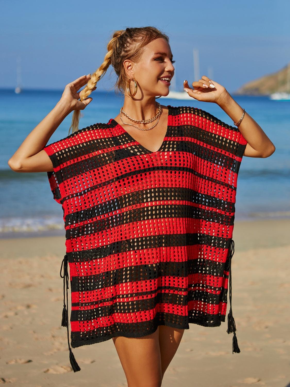 Tassel Openwork Striped V-Neck Cover Up Carauana Store
