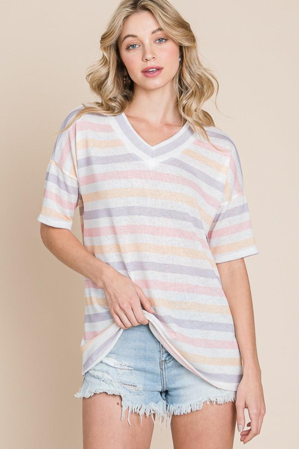 BOMBOM Striped V-Neck Short Sleeve T-Shirt Carauana Store