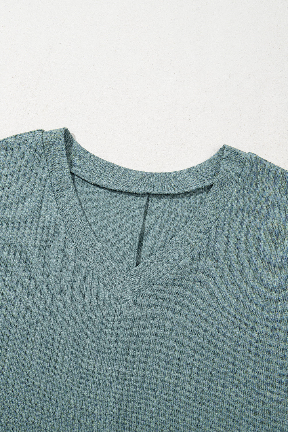 Moonlight Jade Oversized Ribbed Knit V Neck Dolman Short Sleeve Top