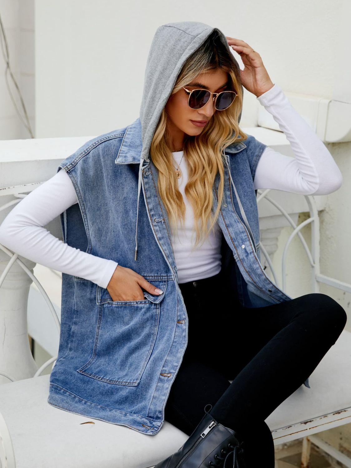 Hooded Sleeveless Denim Top with Pockets Carauana Store
