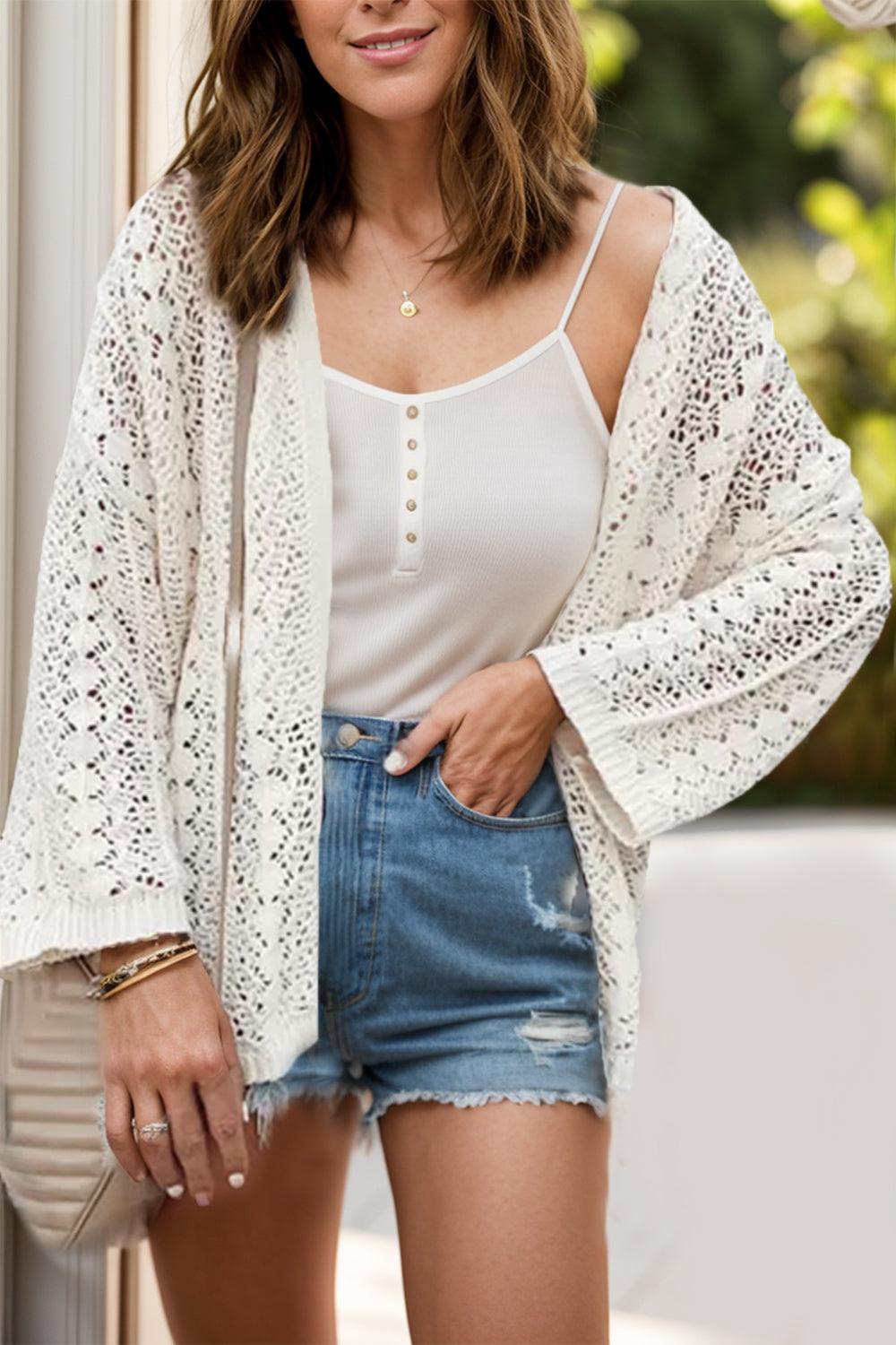 Openwork Open Front Dropped Shoulder Cardigan Carauana Store