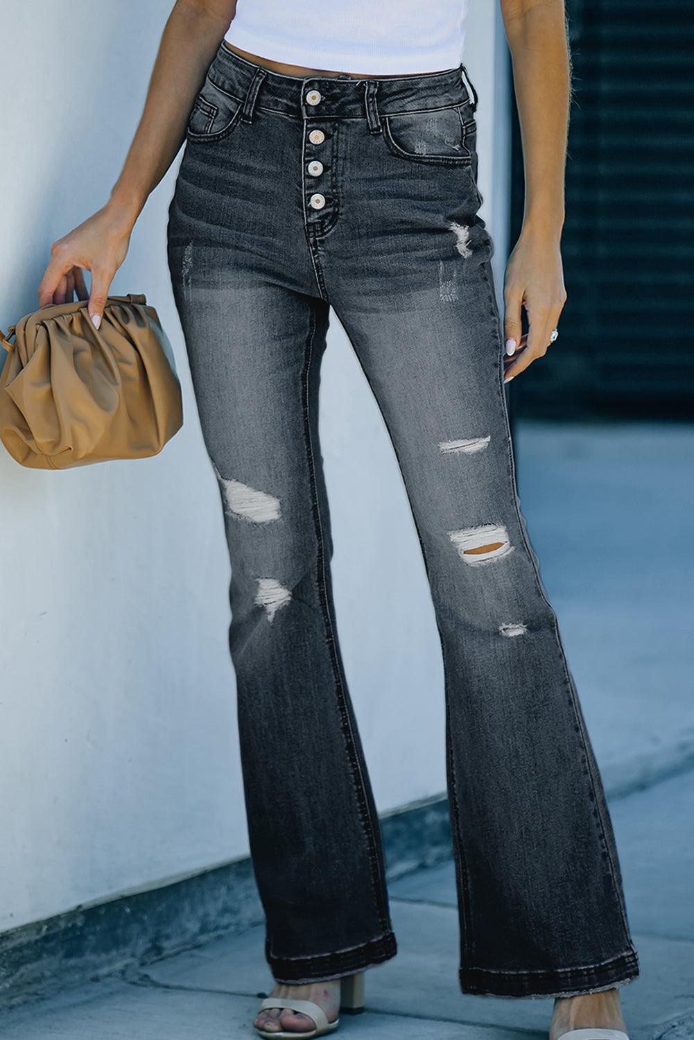 Distressed Button-Fly Flare Jeans Carauana Store