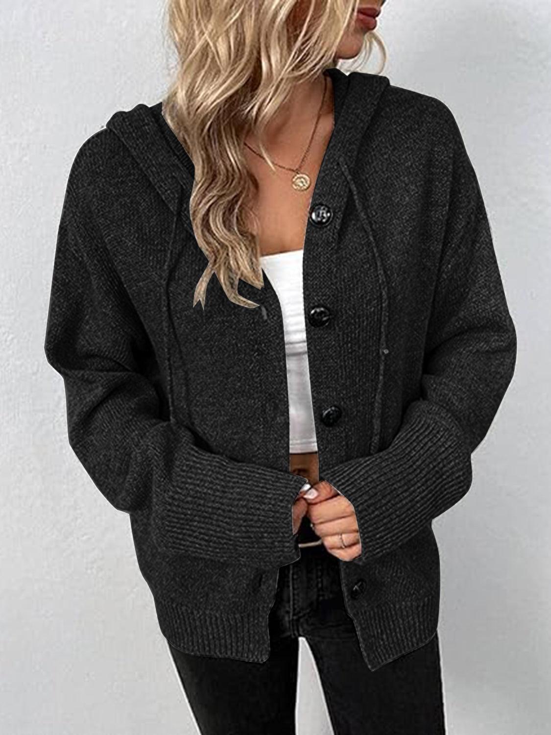 Button Up Drawstring Long Sleeve Hooded Cardigan Carauana Store