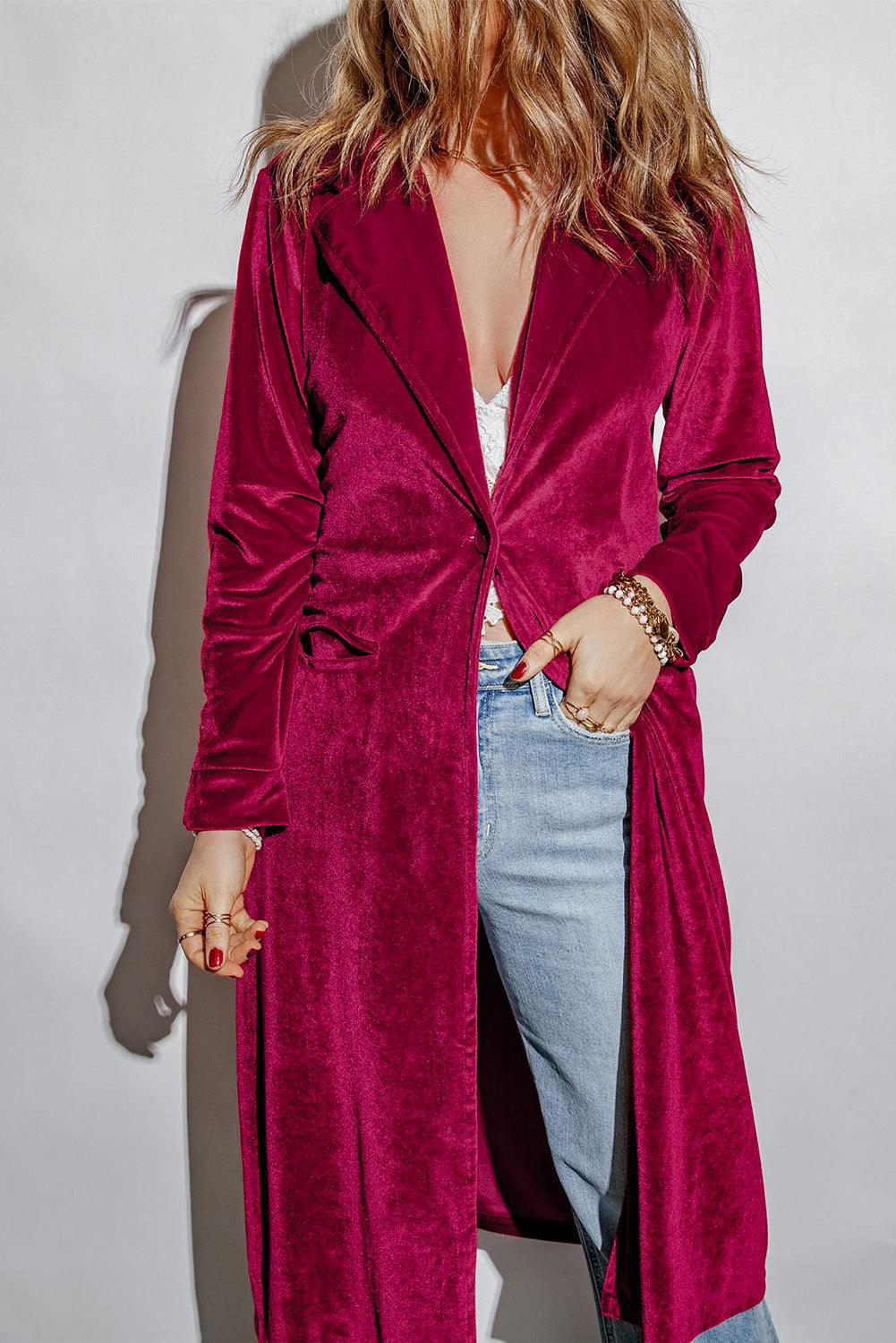 Collared Neck Longline Velvet Cardigan with Pockets Carauana Store