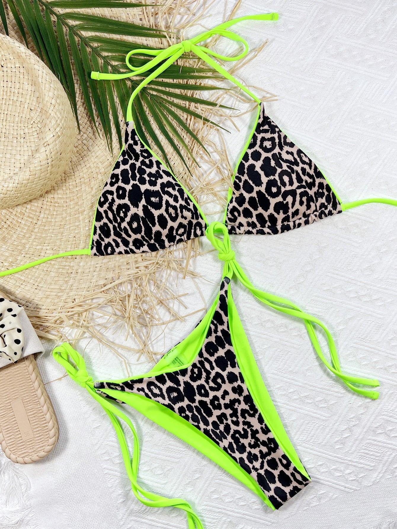 Leopard Print Halter Neck Tie Side Bikini Set Carauana Store