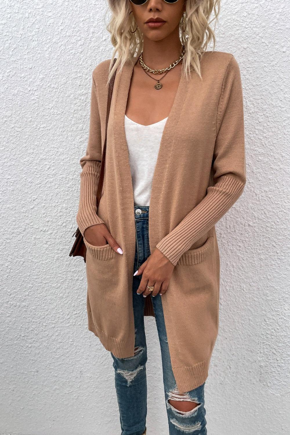 Open Front Long Sleeve Cardigan with Pockets Carauana Store