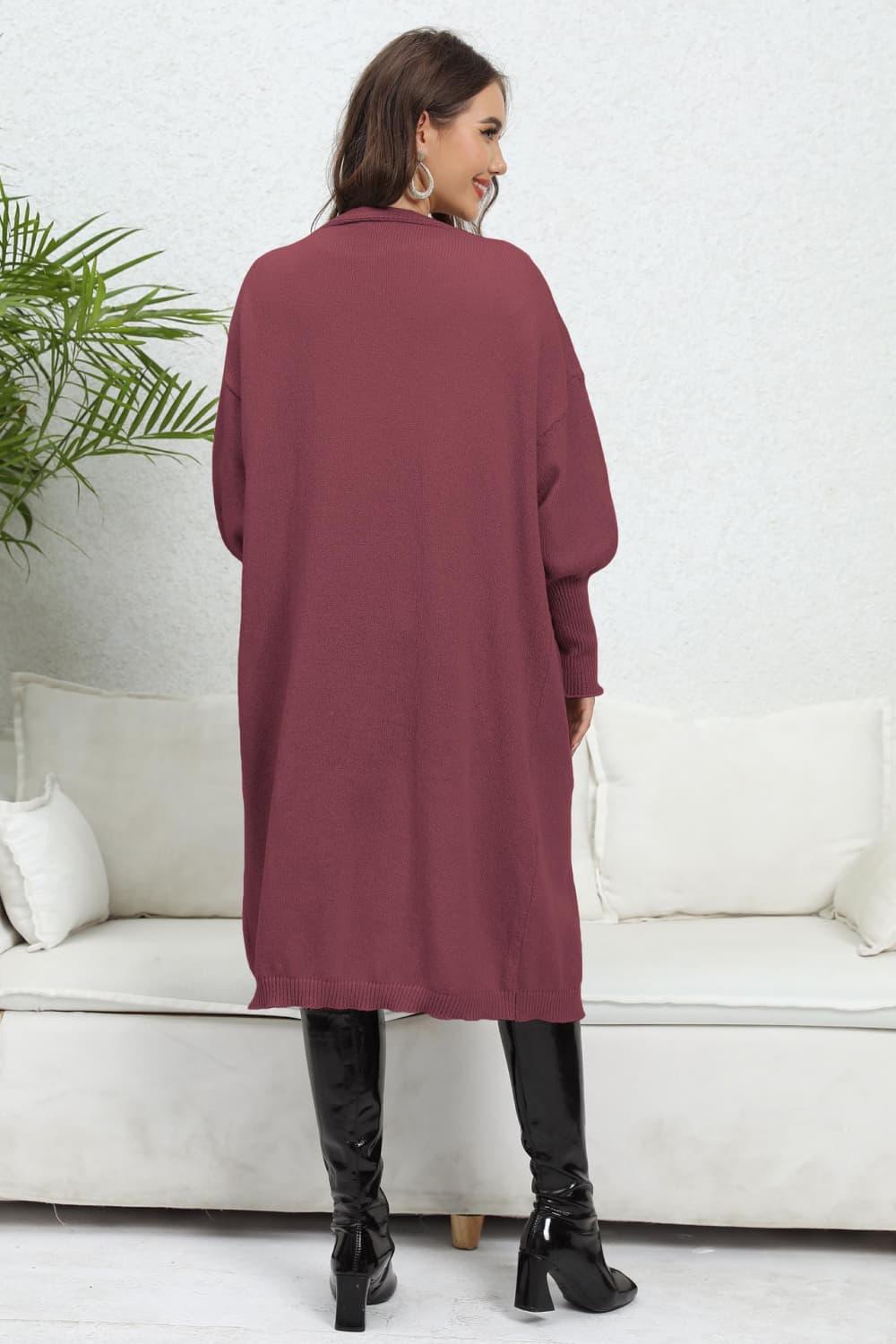 Lantern Sleeve Open Front Pocketed Cardigan Carauana Store