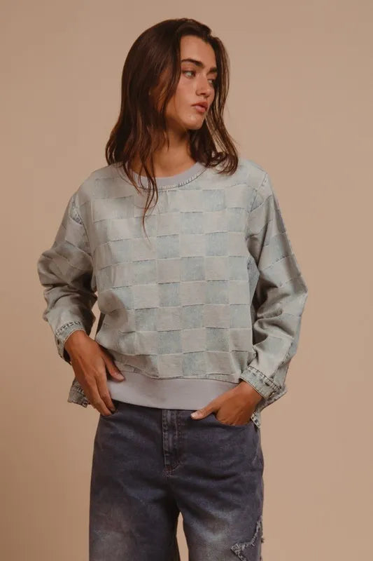 BiBi Mineral Washed Checkered Round Neck Denim Top Carauana Store