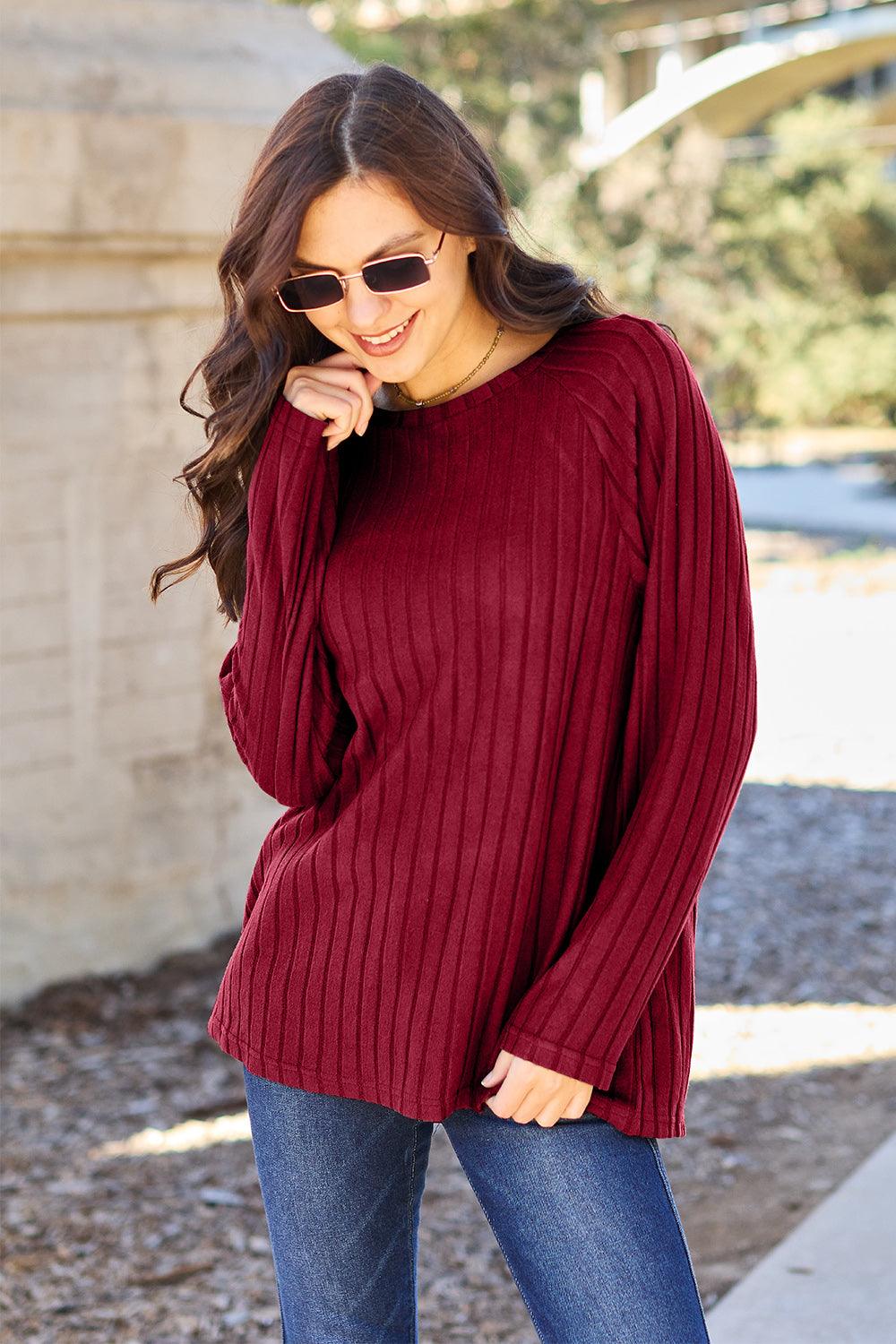 Basic Bae Full Size Ribbed Round Neck Long Sleeve Knit Top Carauana Store