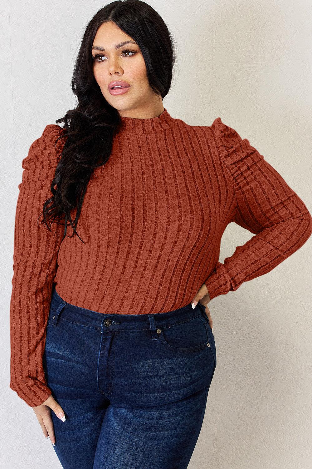 Basic Bae Full Size Ribbed Mock Neck Puff Sleeve T-Shirt Carauana Store