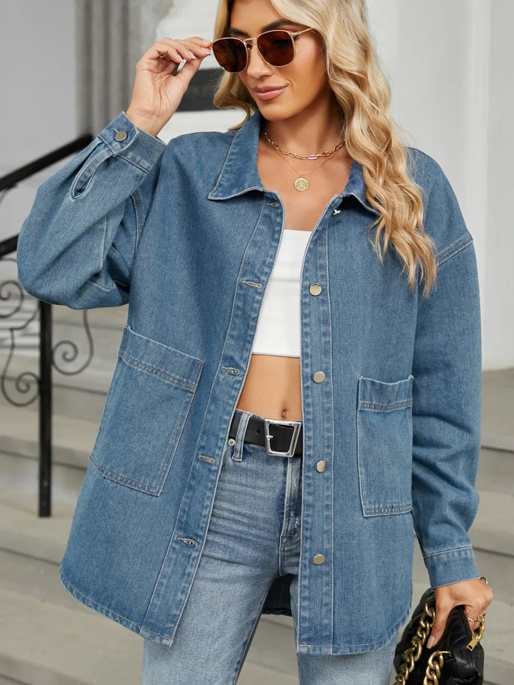 Removable Hood Button Up Long Sleeve Denim Jacket Carauana Store