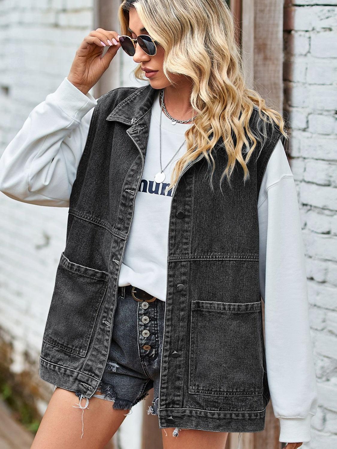 Button Front Sleeveless Denim Jacket Carauana Store