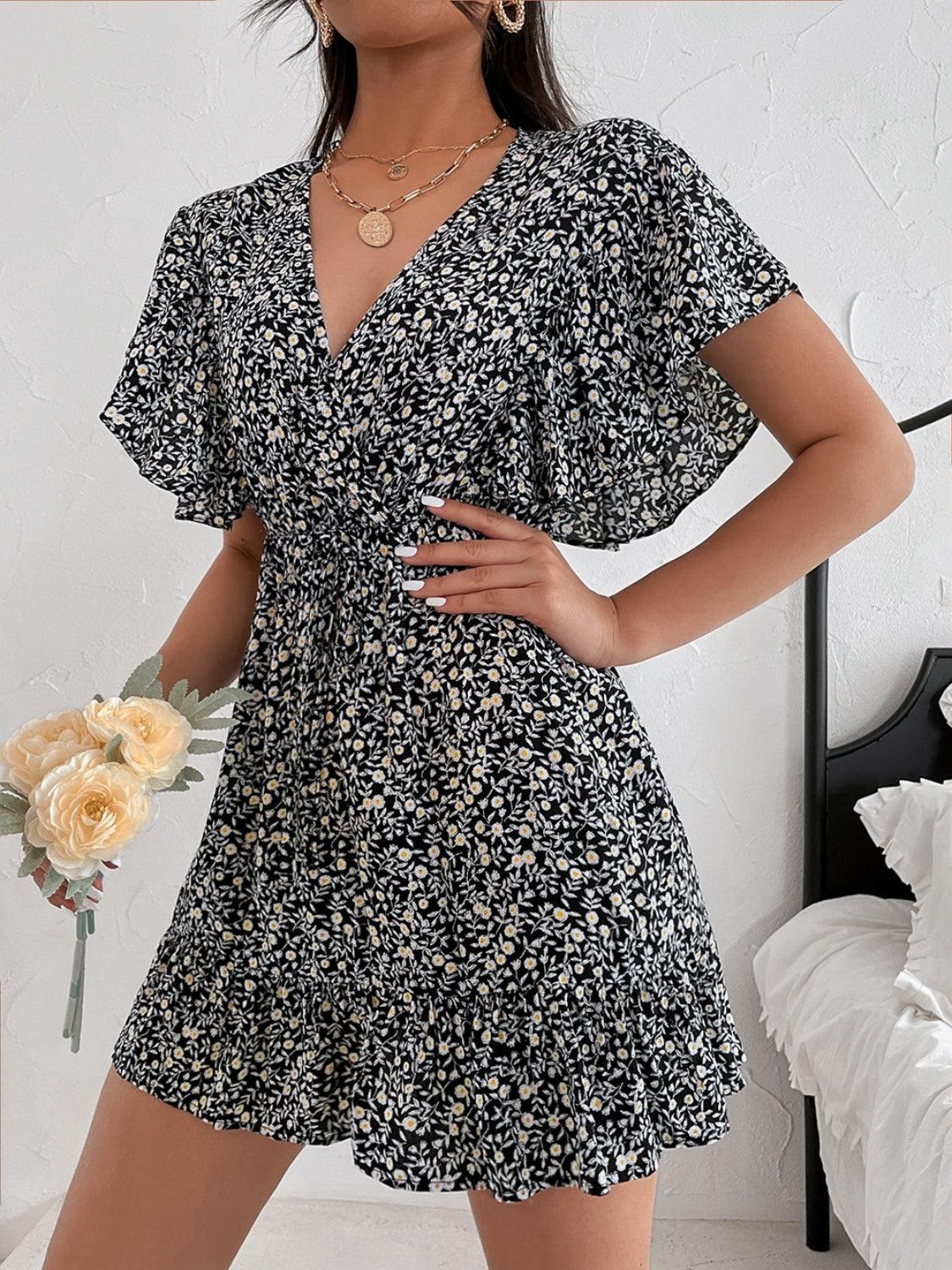 Cutout Ditsy Floral Surplice Flounce Sleeve Dress Carauana Store