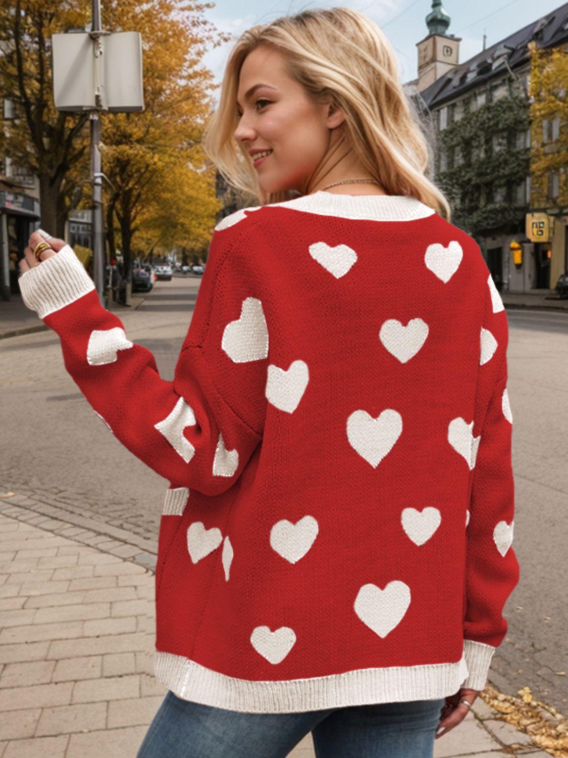 Heart Button Up Dropped Shoulder Long Sleeve Cardigan Carauana Store