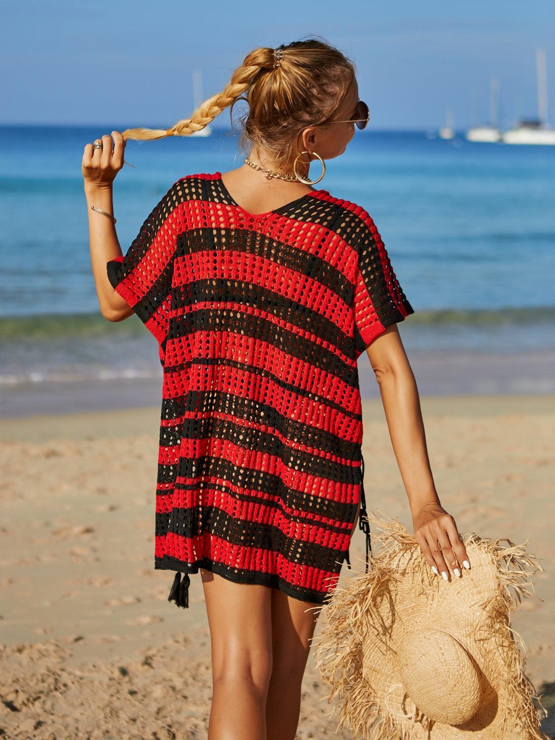 Tassel Openwork Striped V-Neck Cover Up Carauana Store