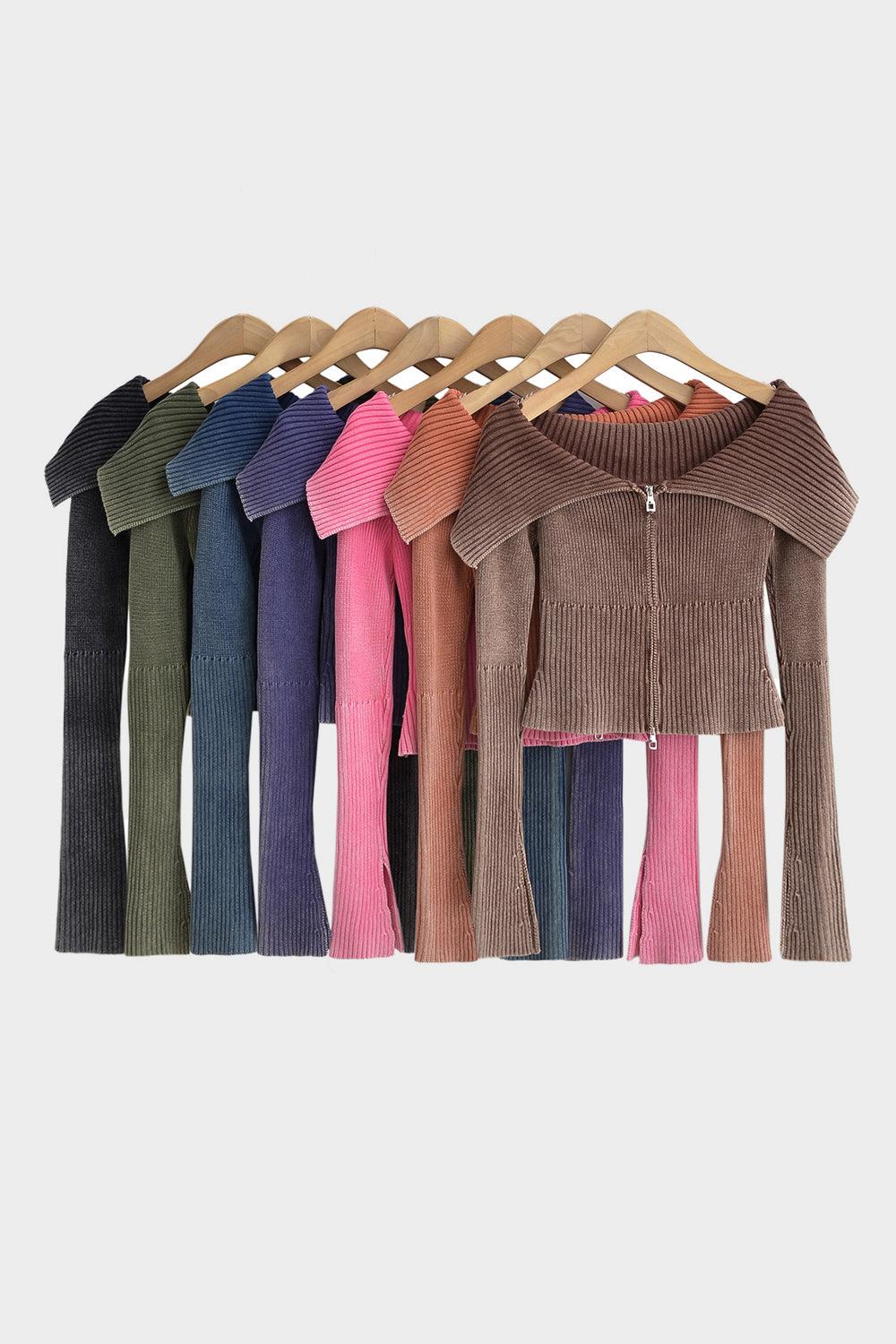 Double Take Ribbed Off-Shoulder Zip Up Long Sleeve Cardigan Carauana Store