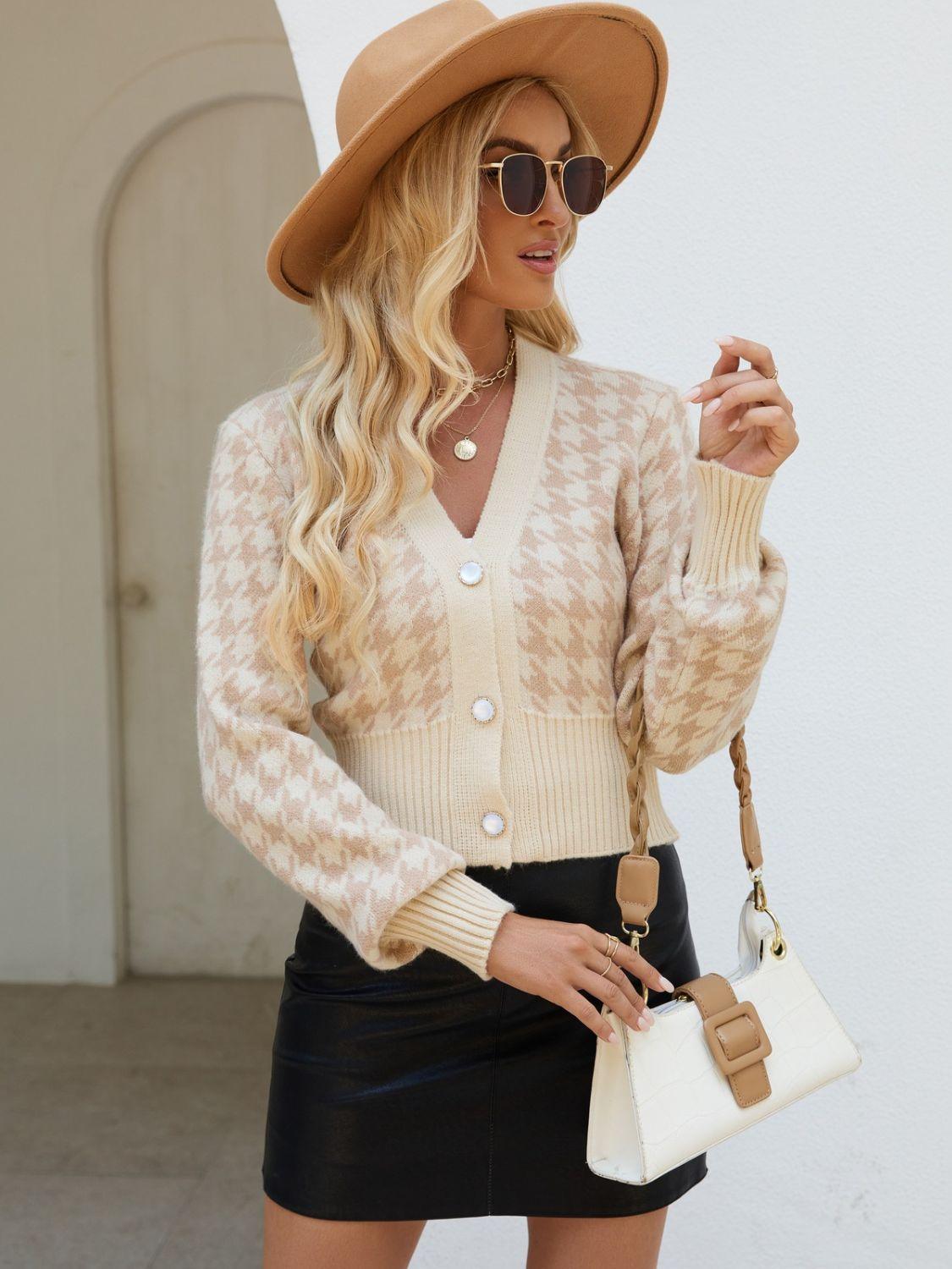 Houndstooth Button Up Long Sleeve Cardigan Carauana Store