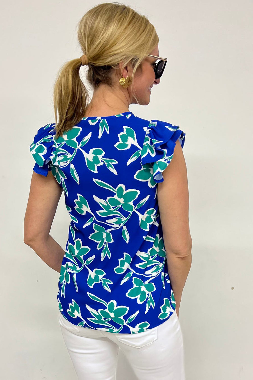 Blue V Neck Floral Print Double Ruffled Short Sleeve Blouse