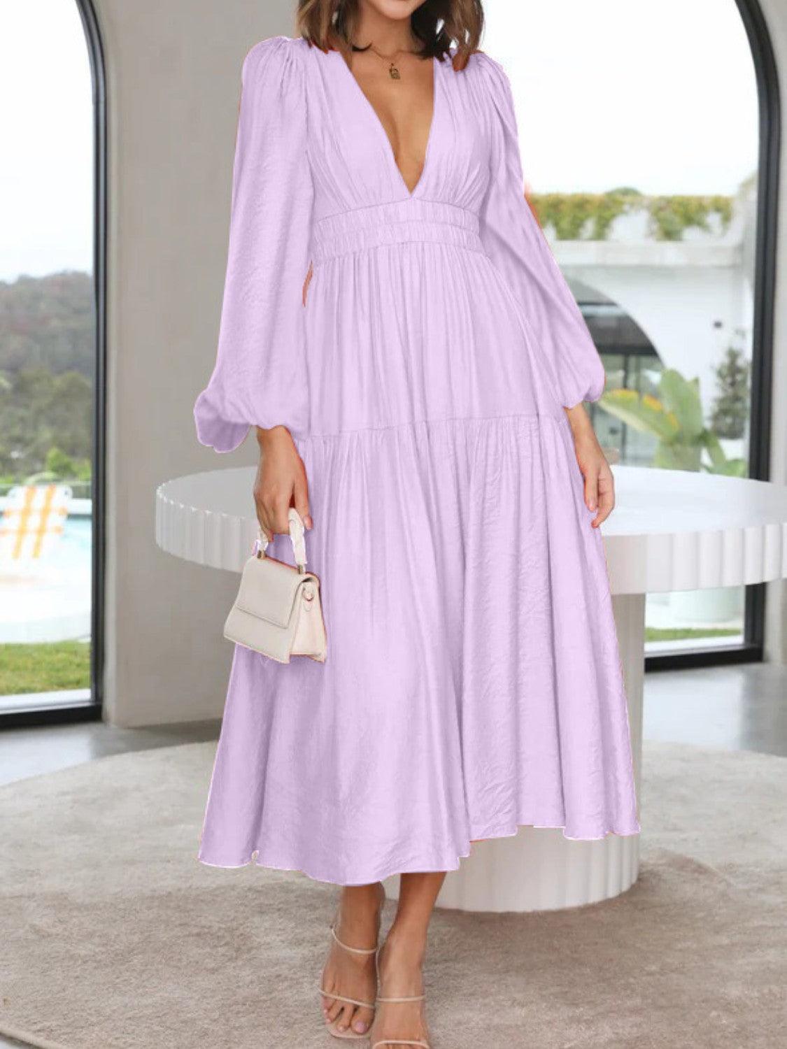 Deep V-Neck Balloon Sleeve Plain Maxi Dress Carauana Store