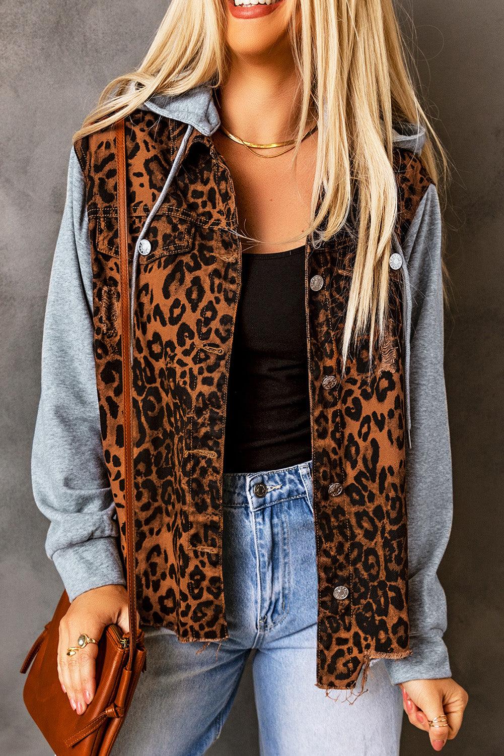 Leopard Distressed Drawstring Hooded Denim Jacket Carauana Store