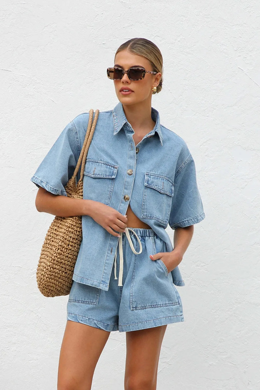 Collared Neck Button Up Top and Shorts Denim Set Carauana Store