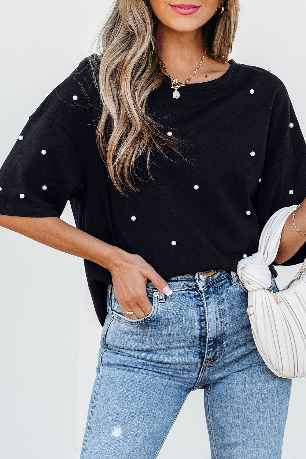 Black Pearl Beaded Drop Shoulder Crewneck T Shirt