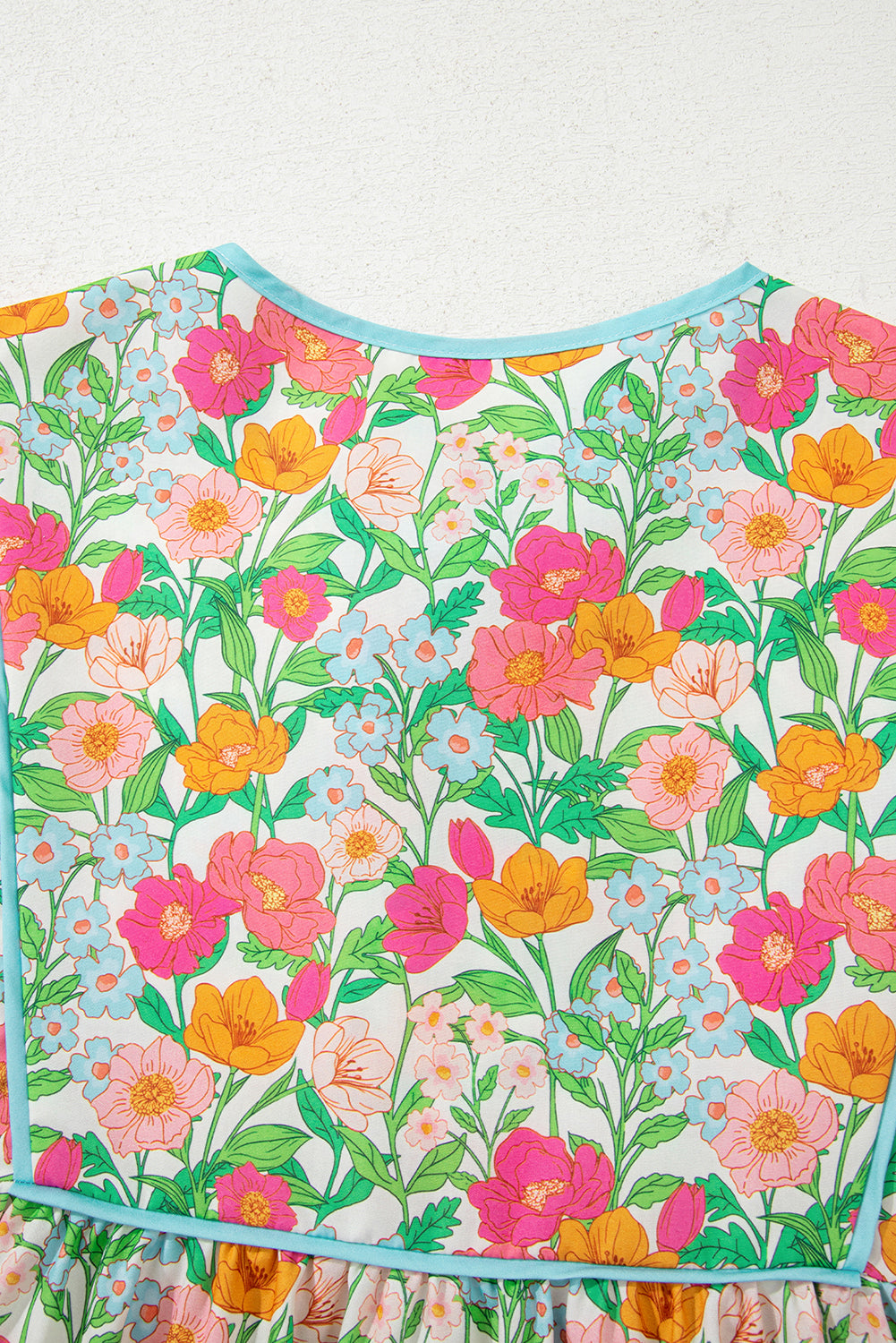 Green Floral Print Striped Trim Tie Neck Puff Sleeve Babydoll Blouse