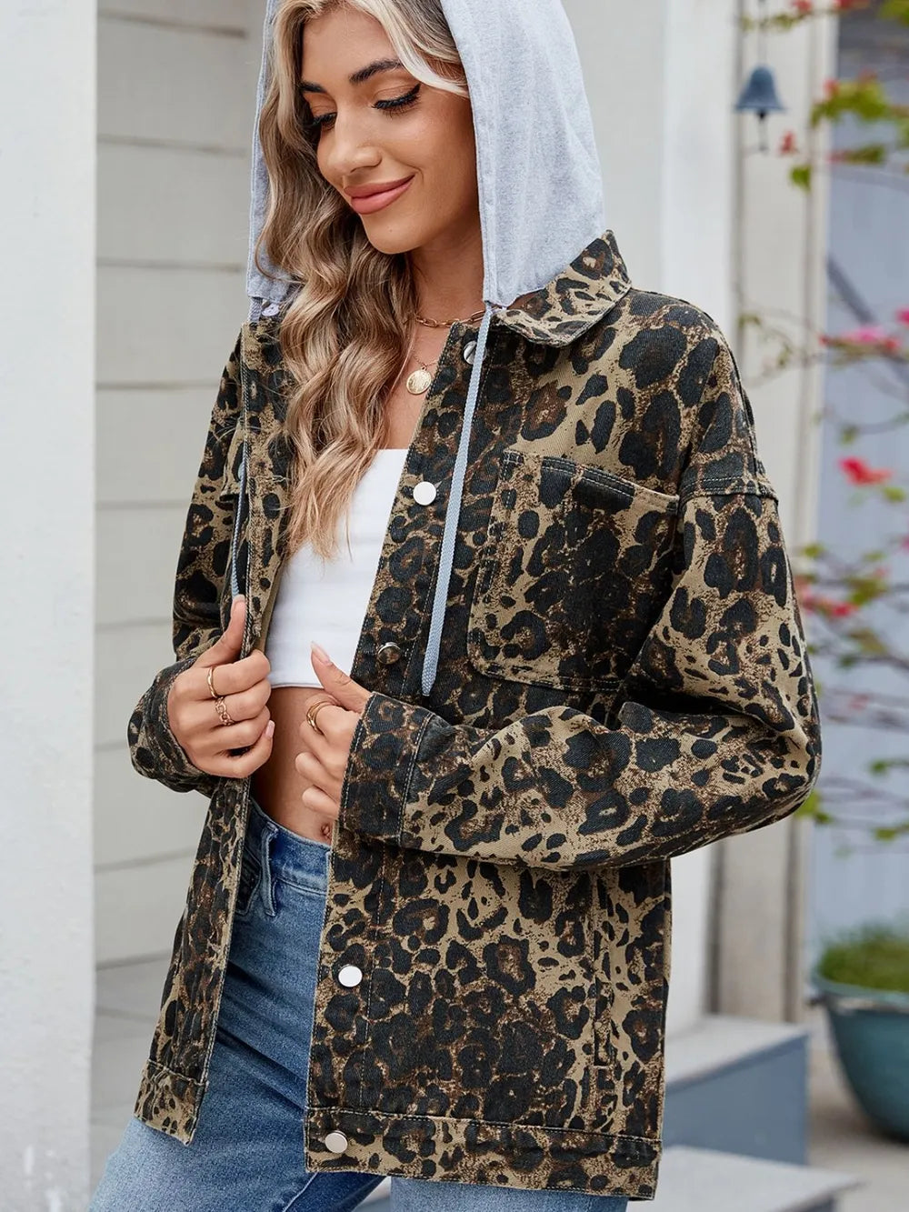 Pocketed Leopard Long Sleeve Denim Jacket Carauana Store