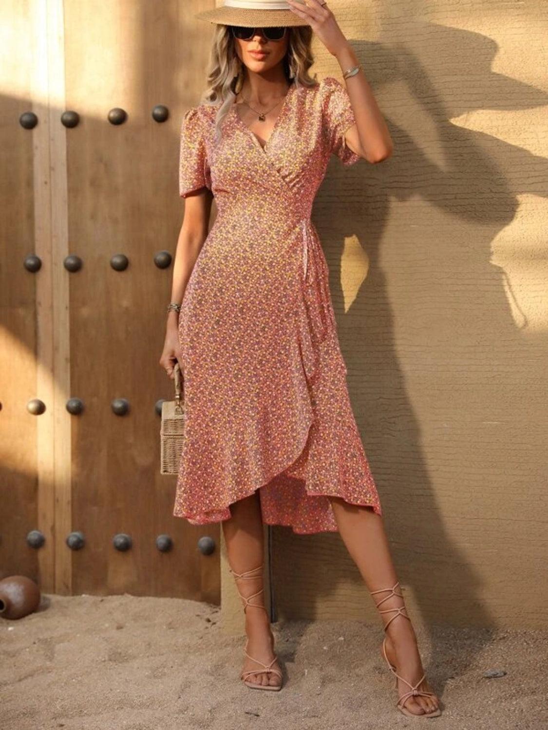 Ruffled Surplice Short Sleeve Midi Dress Carauana Store