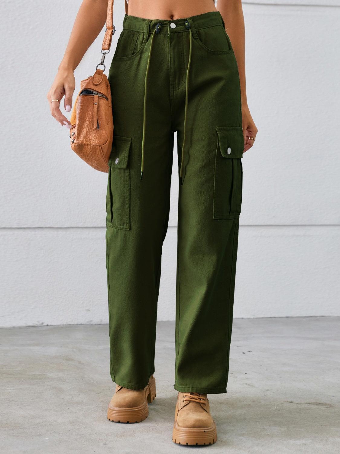 Drawstring Mid-Rise Waist Straight Cargo Jeans Carauana Store