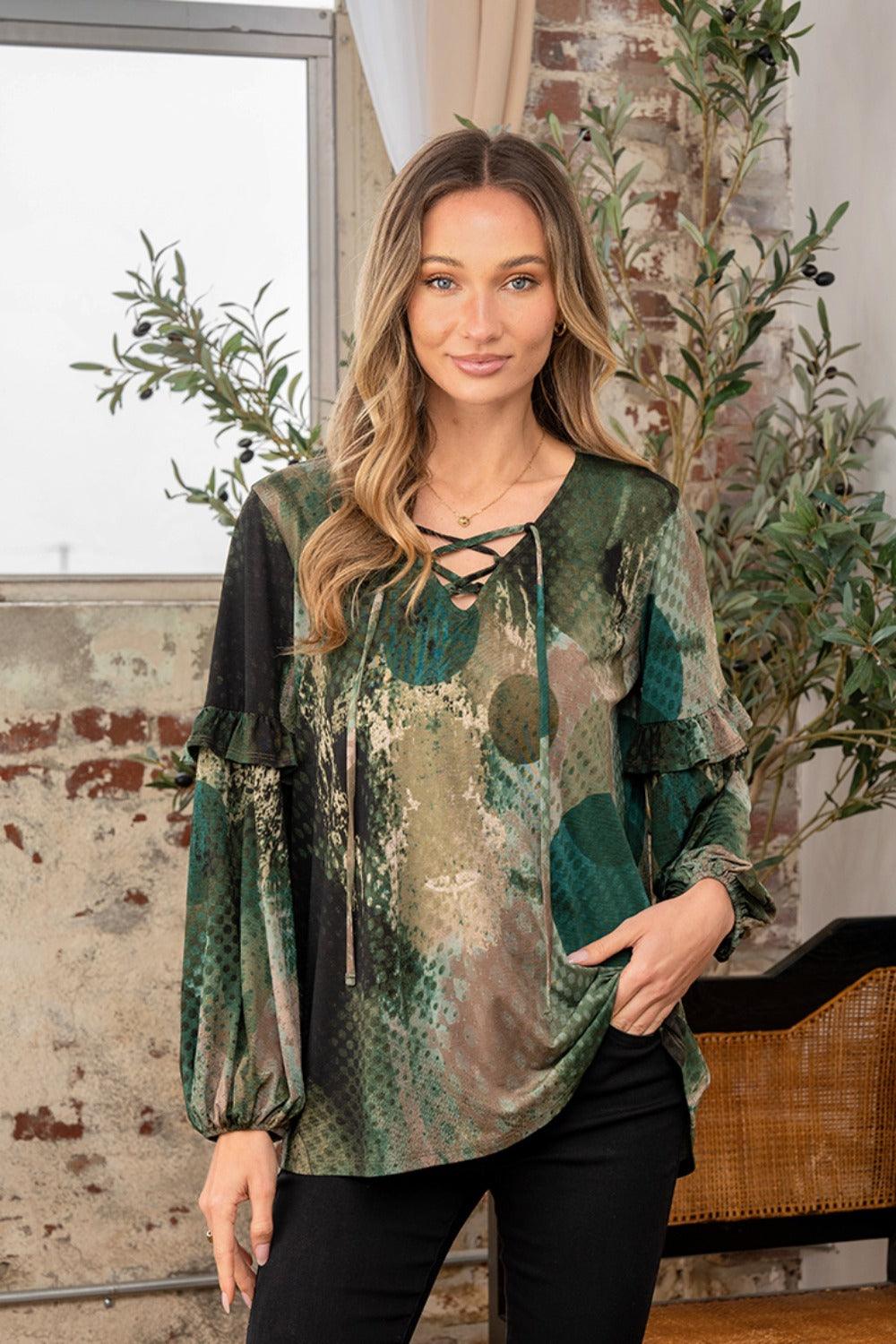 Sew In Love Full Size Snakeskin Print Long Sleeve Top with Ruffle Carauana Store