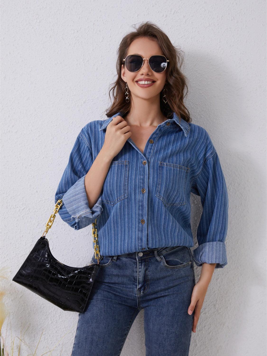 Pocketed Striped Button Up Denim Shirt Carauana Store
