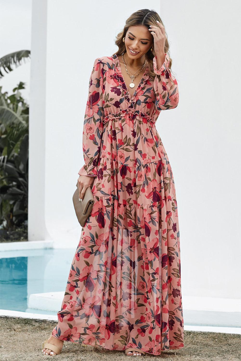 Floral Frill Trim Flounce Sleeve Plunge Maxi Dress Carauana Store