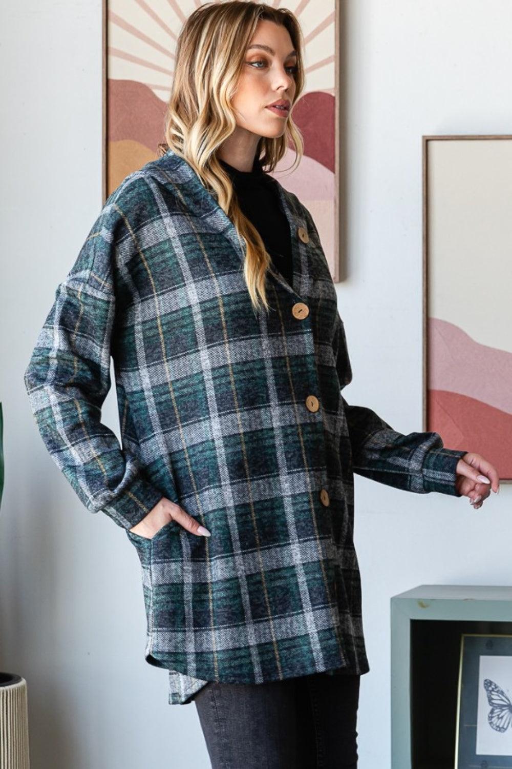 Heimish Plaid Button Down Long Sleeve Hooded Cardigan Carauana Store