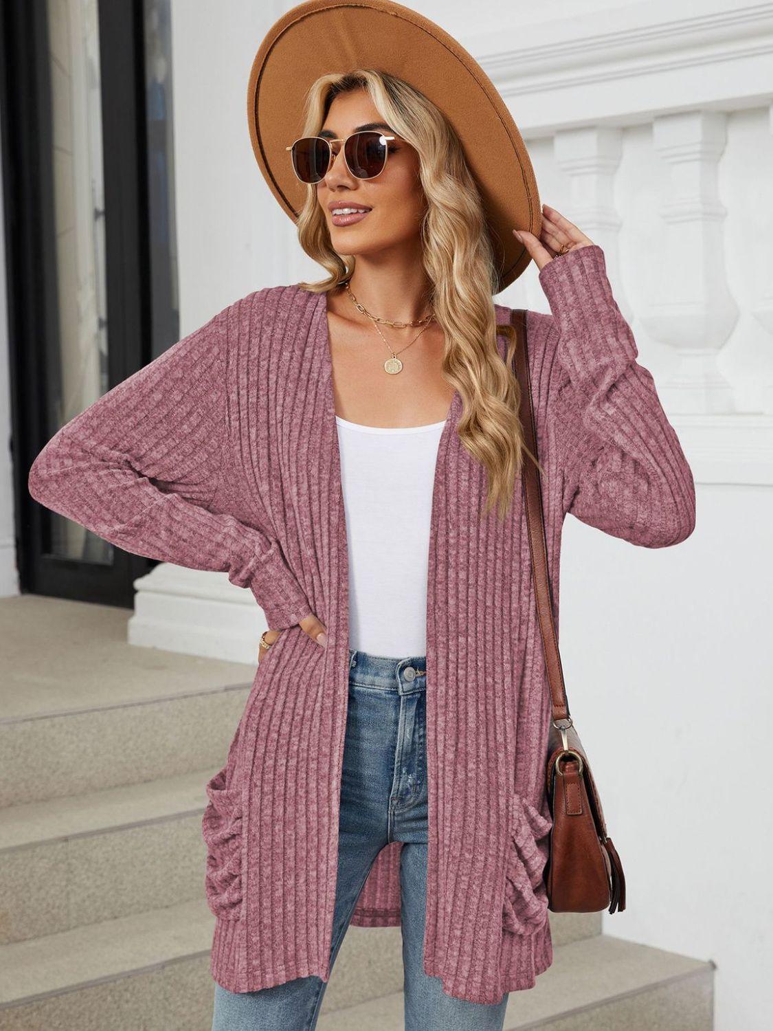Pocketed Open Front Long Sleeve Cardigan Carauana Store