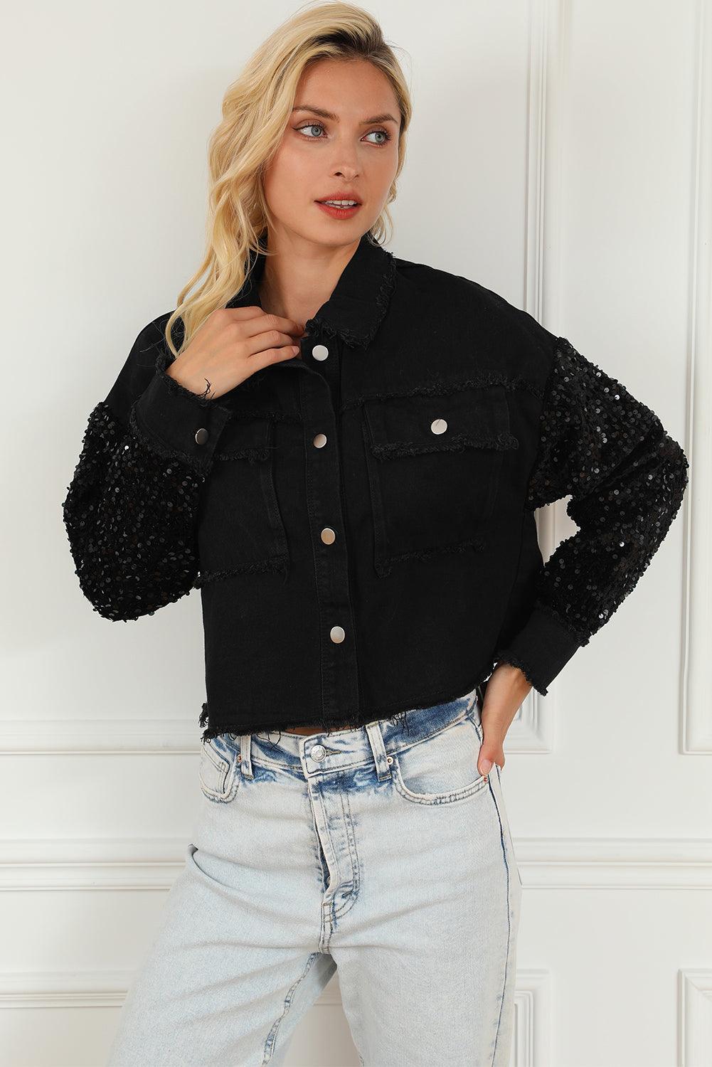 Sequin Button Up Raw Hem Denim Jacket Carauana Store