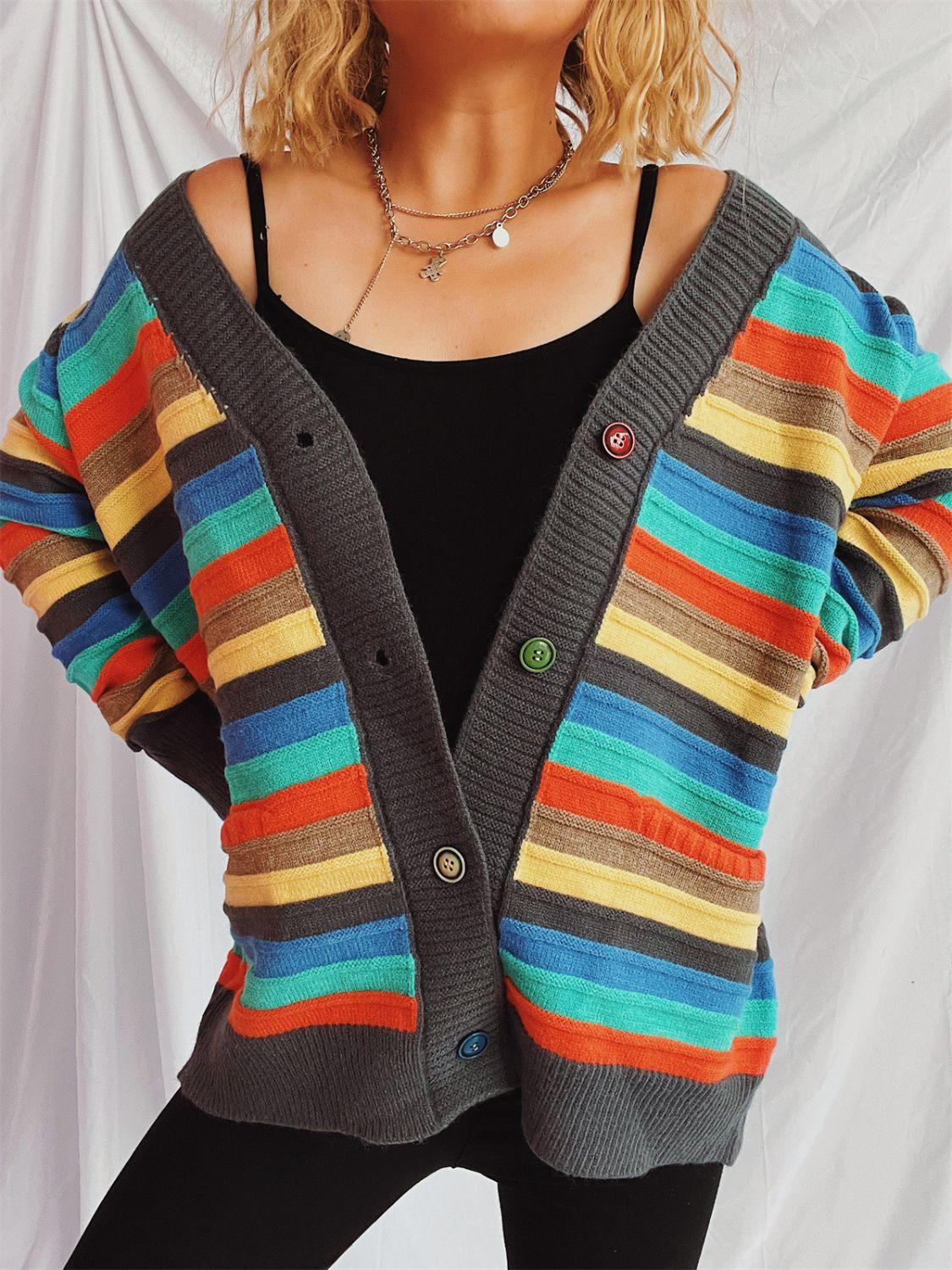 Contrast Stripes Button Up Long Sleeve Cardigan Carauana Store