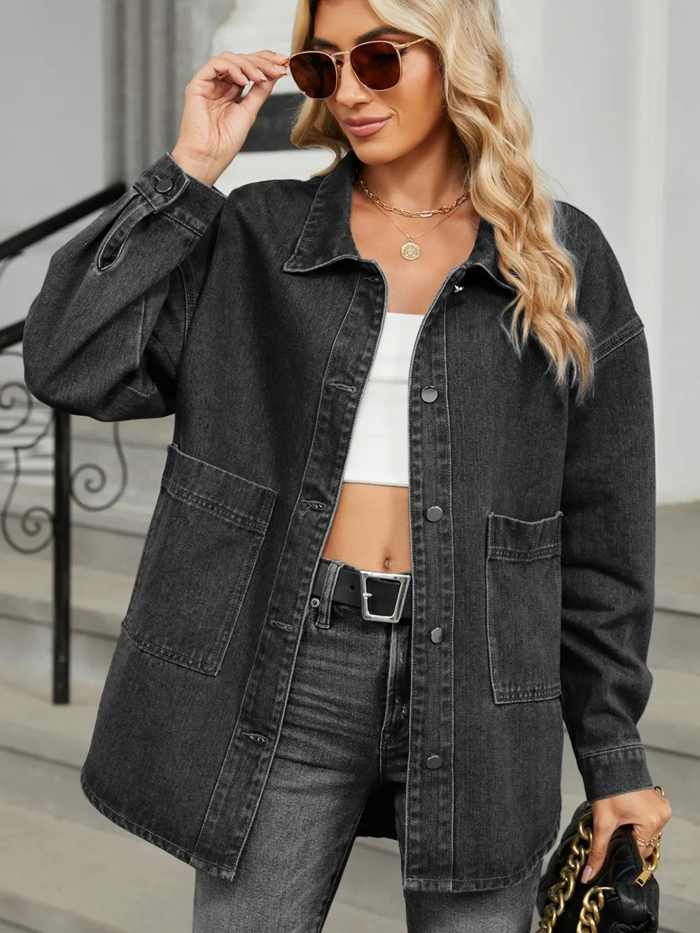 Removable Hood Button Up Long Sleeve Denim Jacket Carauana Store