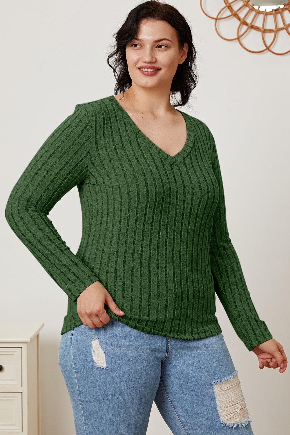 Basic Bae Full Size Ribbed V-Neck Long Sleeve T-Shirt Carauana Store