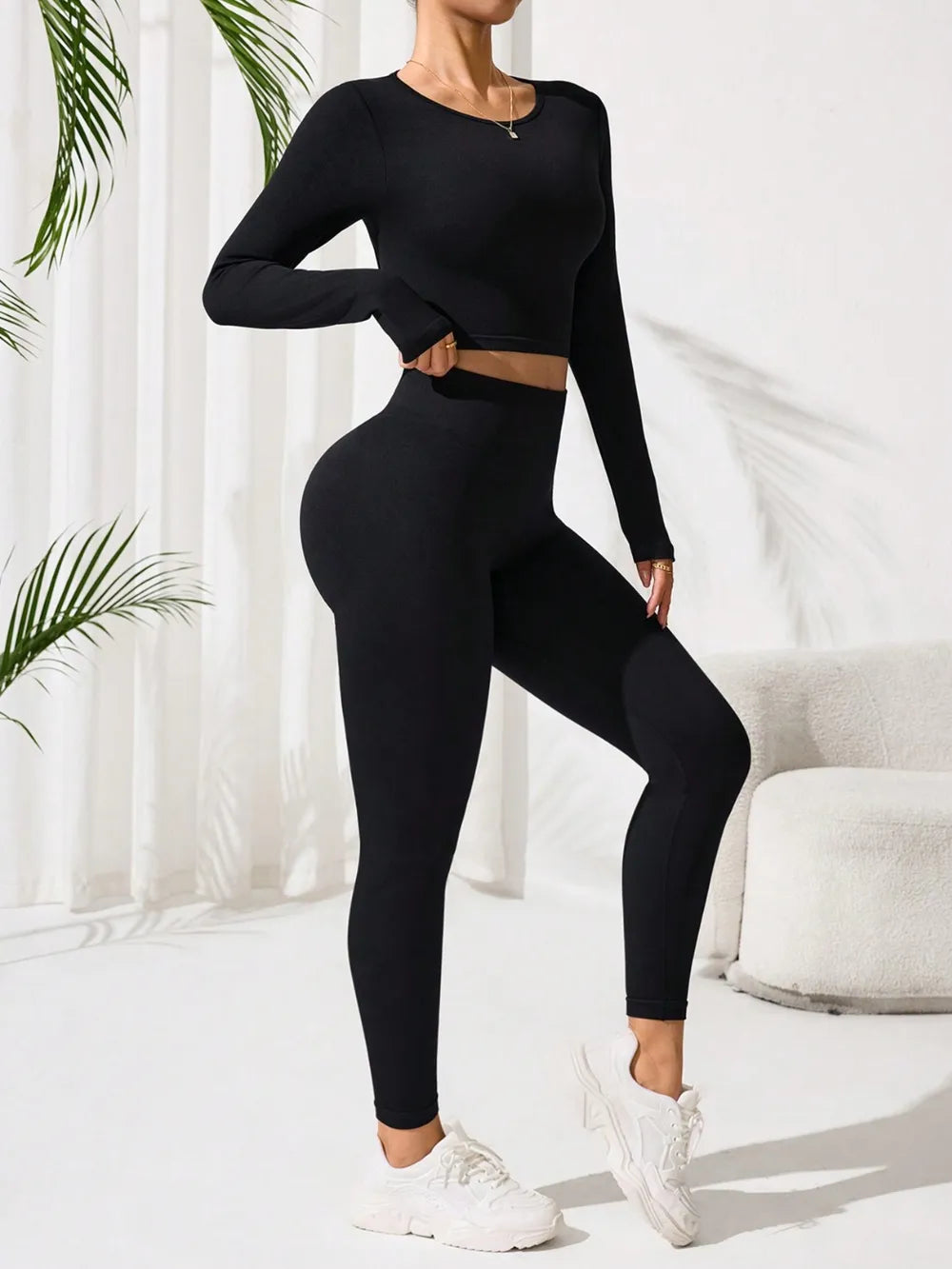 Lace-Up Back Round Neck Top and Leggings Active Set Carauana Store