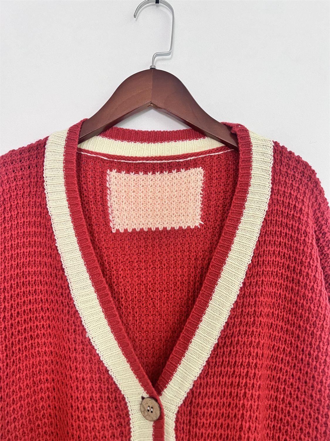 Pocketed Contrast V-Neck Long Sleeve Cardigan Carauana Store