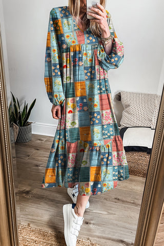 Sky Blue Mix Floral Checkered Pattern Bubble Sleeve Ruffle Hem Dress