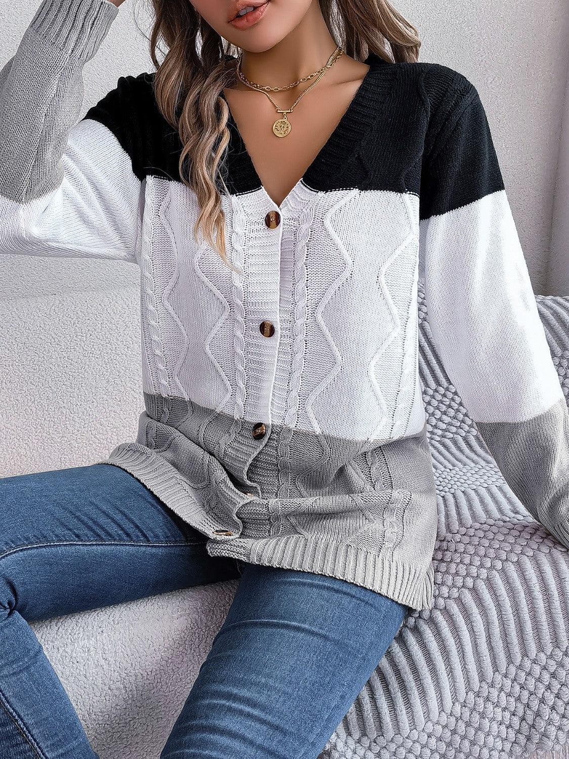 Cable-Knit Striped Button Up Cardigan Carauana Store