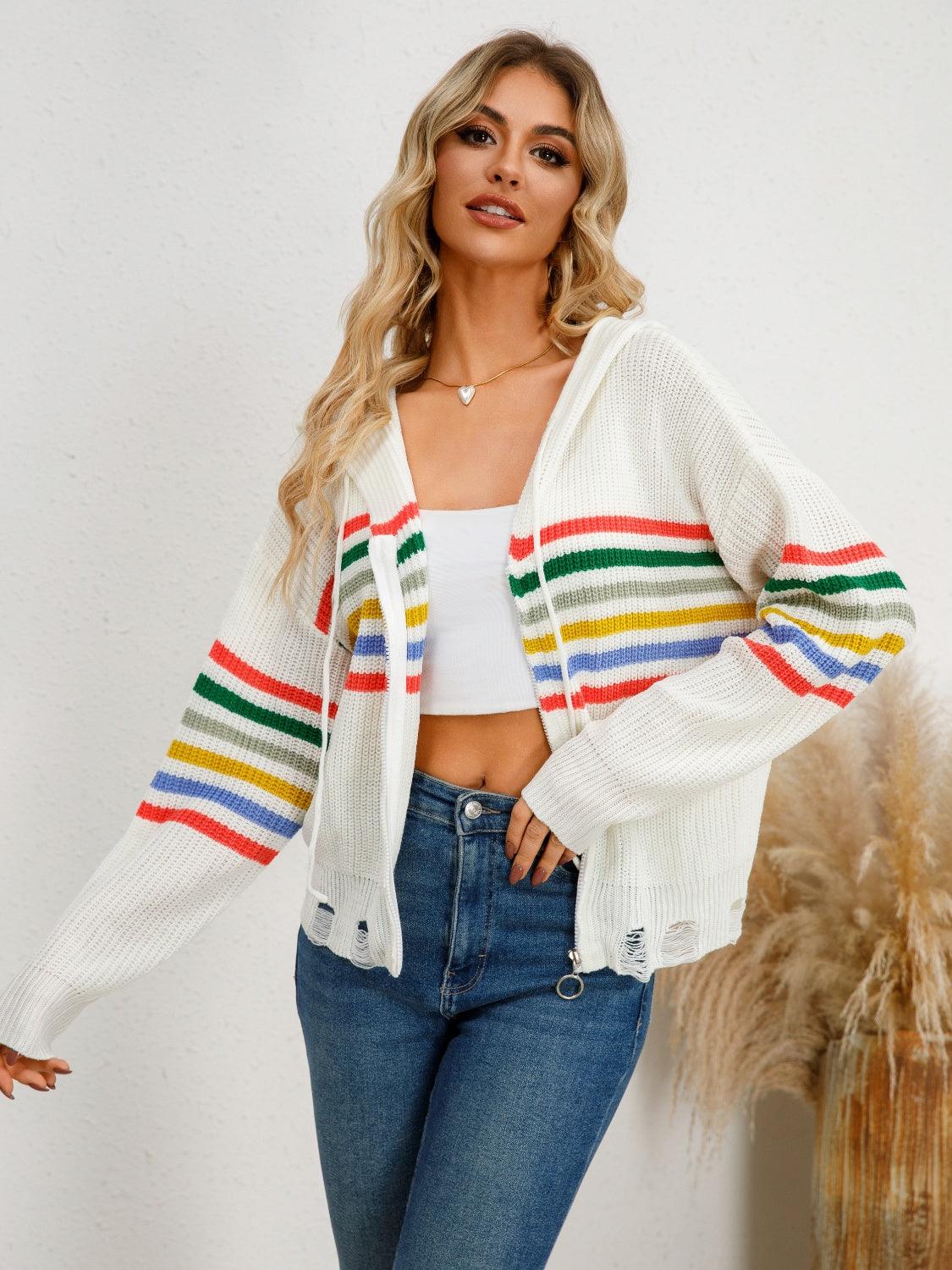 Drawstring Striped Dropped Shoulder Hooded Cardigan Carauana Store