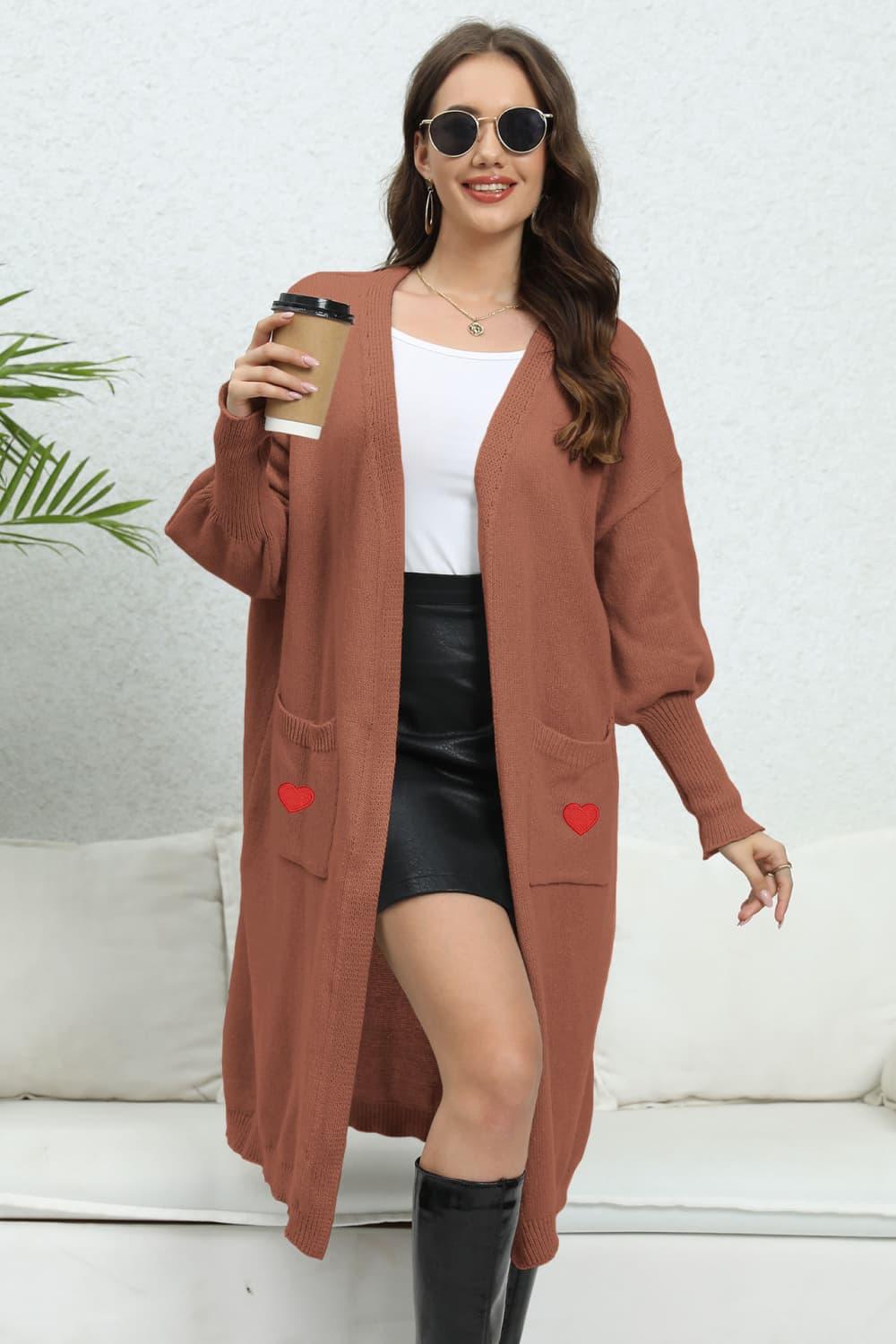 Lantern Sleeve Open Front Pocketed Cardigan Carauana Store