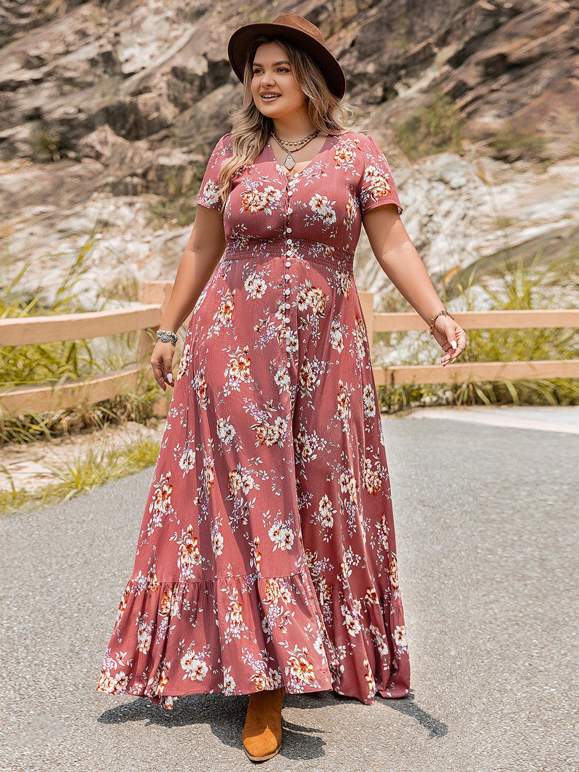 Plus Size Floral Slit Ruffle Hem Dress Carauana Store