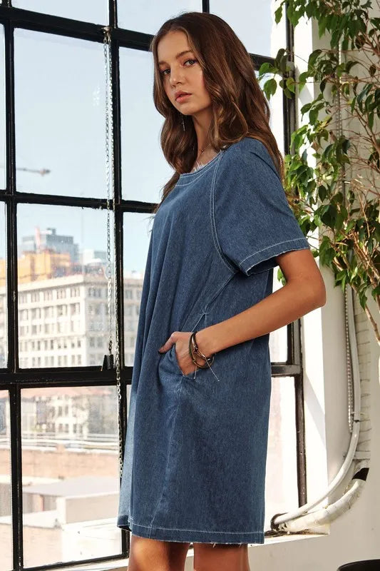 ADORA Raw Hem Mini Denim Dress with Pockets Carauana Store